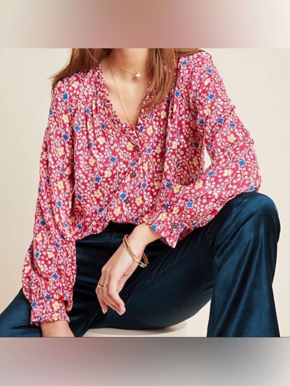 Maeve by Anthropologie Marisol Ruffle Oversized Peasant Blouse Red Rouge Size XL